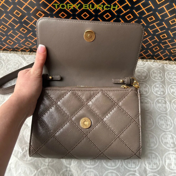 Tory Burch Willa Chain Wallet Crossbody Bag Volcanic Stone Gold Gray - Picture 5 of 12